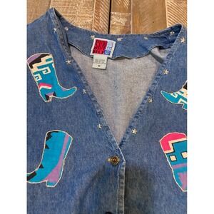Sunbelt Denim Vintage Western Cowboy Boot Applique Star Rodeo Vest Medium Blue